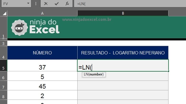 Usando a função LN em Logaritmo Neperiano no Excel