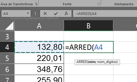 Arredondar Número no Excel, primeira sintaxe da função arred