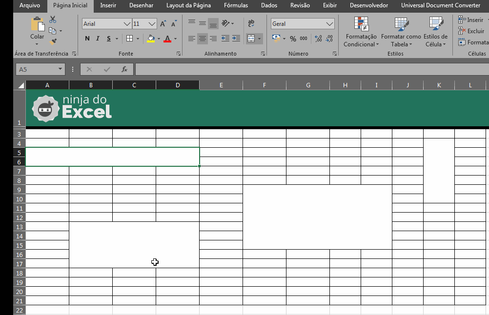 Células Mescladas no Excel, selecionando toda a planilha