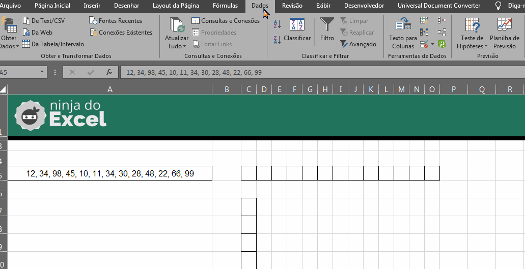 Colunas na Vertical no Excel, usando texto para colunas