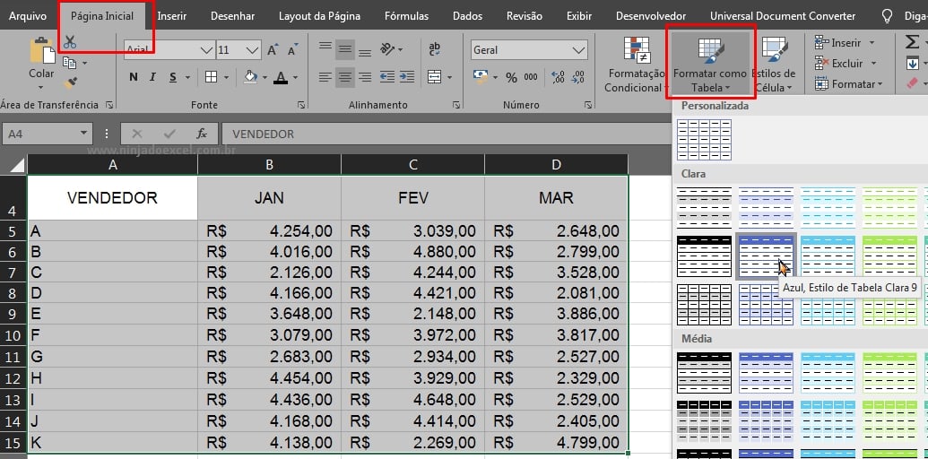 Desfazer Tabela Formatada no Excel, formatando como tabela