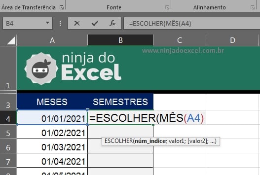 ESCOLHER com Semestres no Excel, função Mês
