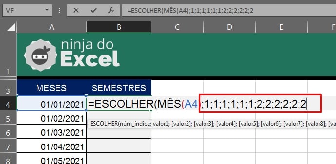 ESCOLHER com Semestres no Excel, segunda sintaxe da função escolher