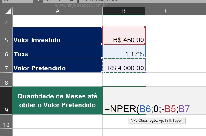 Número de Períodos no Excel, função NPER