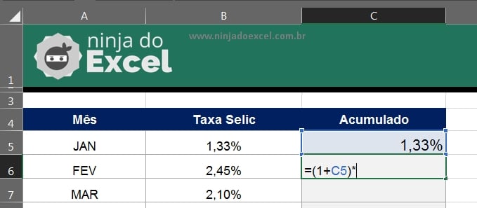 Selic Acumulada no Excel, primeira etapa do acumulado