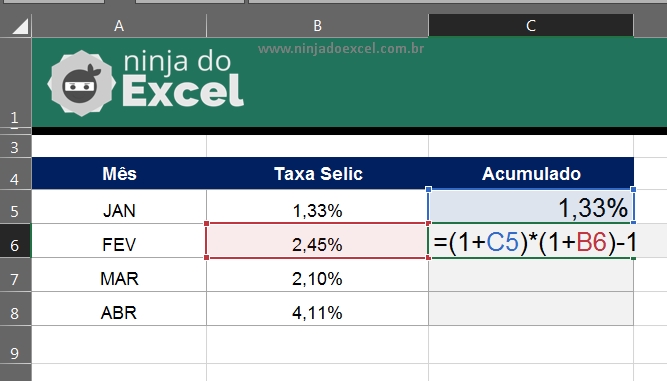 Selic Acumulada no Excel segunda etapa do acumulado