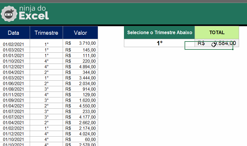 Soma por Trimestres no Excel, exemplo da escolha do trimestre