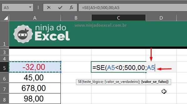 Substituir Números Negativos no Excel, argumento falso na função SE