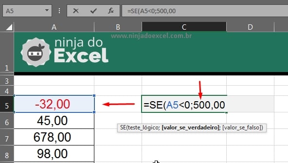 Substituir Números Negativos no Excel, função SE