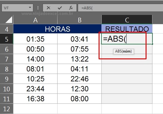 Subtrair Minutos no Excel, função abs