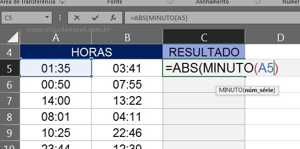 Subtrair Minutos no Excel, função minuto