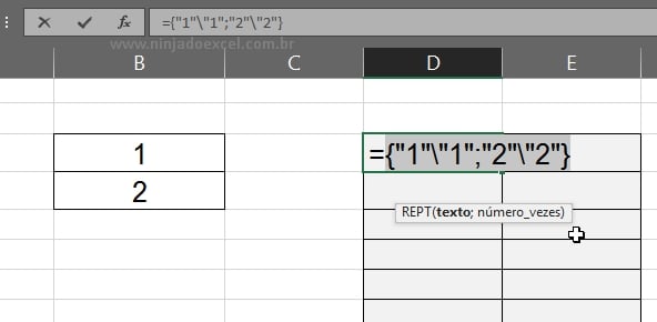Técnicas com a Função REPT no Excel, pressionando tecla F9 na função