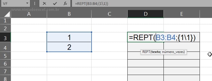 Técnicas com a Função REPT no Excel, repetindo 2 números