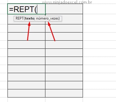 Técnicas com a Função REPT no Excel, sintaxe da função rept