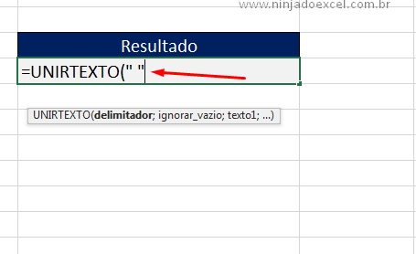 Textos Separados no Excel primeira sintaxe, informando o espaço na primeira sintaxe