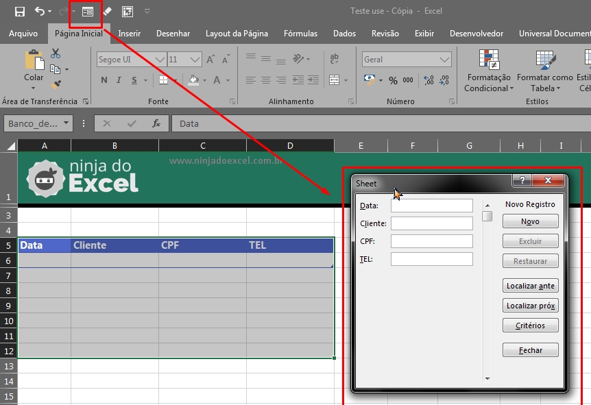 Cadastro de Clientes do Excel, abrindo o formulário