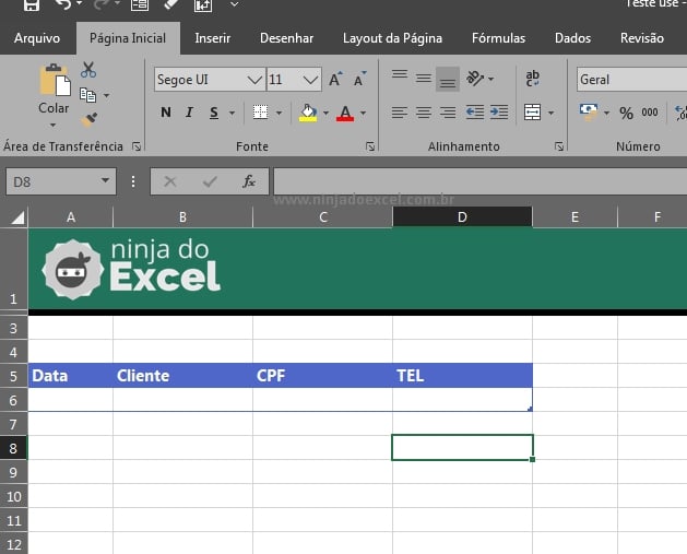 Cadastro de Clientes do Excel, tabela formatada