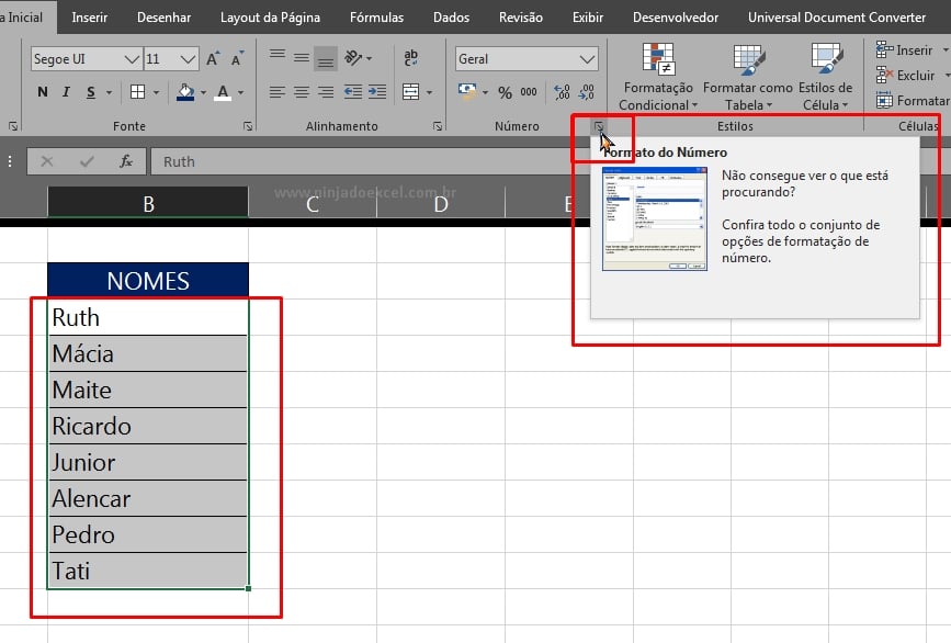 Dados Invisíveis no Excel, selecionando toda a coluna
