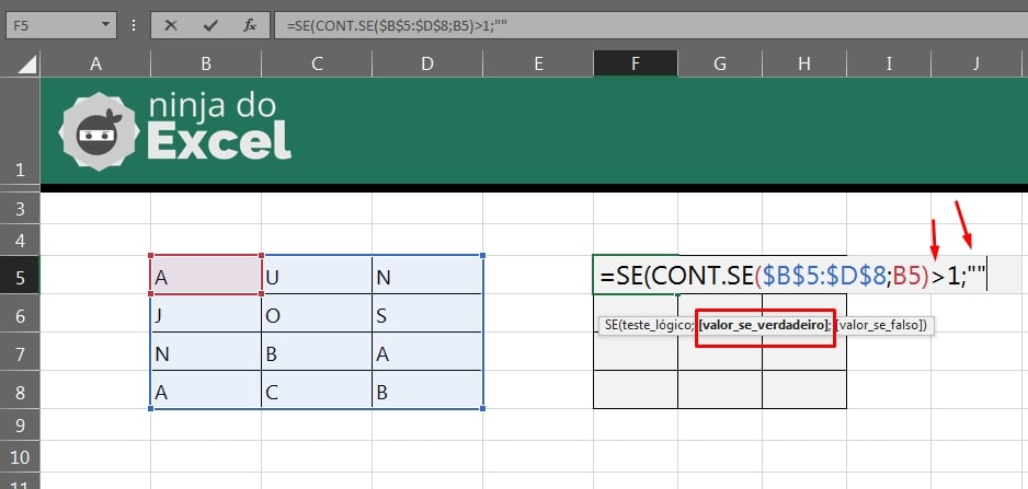 Duplicados em Mais de Uma Coluna no Excel, resultado verdadeiro da função SE