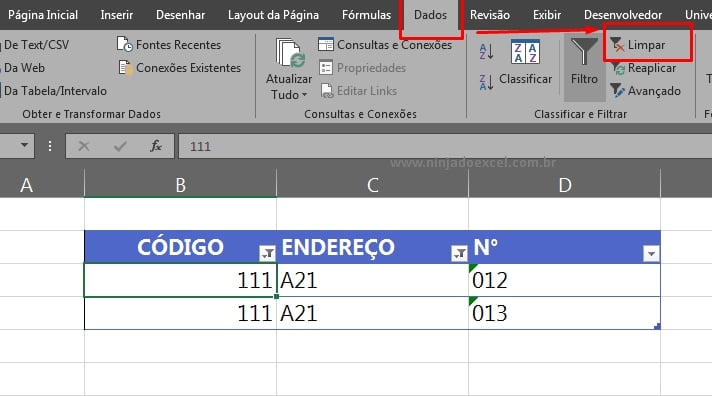 Filtros de Uma Tabela no Excel, limpar filtros