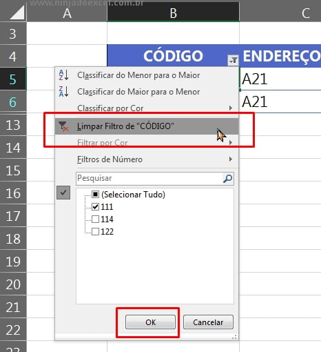Filtros de Uma Tabela no Excel limpar um filtro por vez