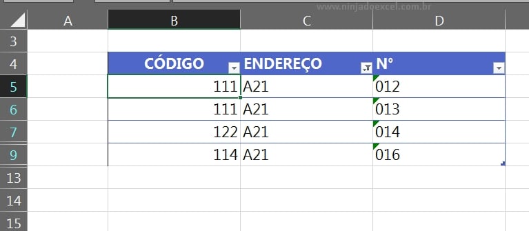 Filtros de Uma Tabela no Excel, resultado da limpeza do filtro