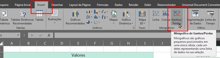 Ganhos de Perdas no Excel, inserindo mini gráfico