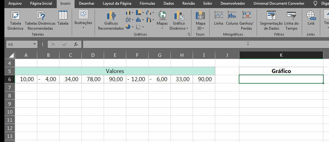 Ganhos de Perdas no Excel, resultado do minigráfico