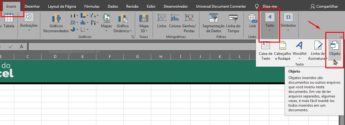 Inserir Objeto de Outro Documento no Excel, ferramenta objeto