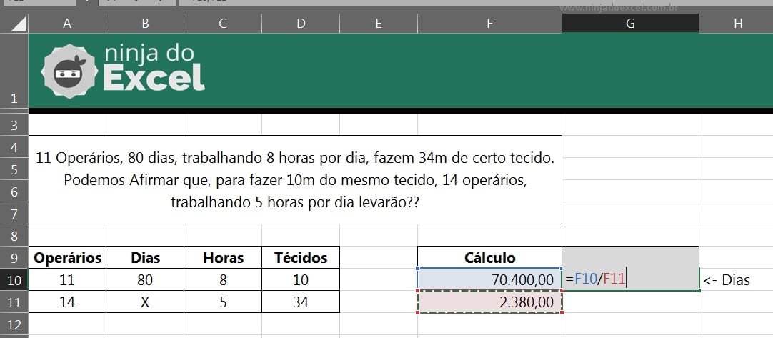 Regra de Três Composta no Excel, cálculo de divisão