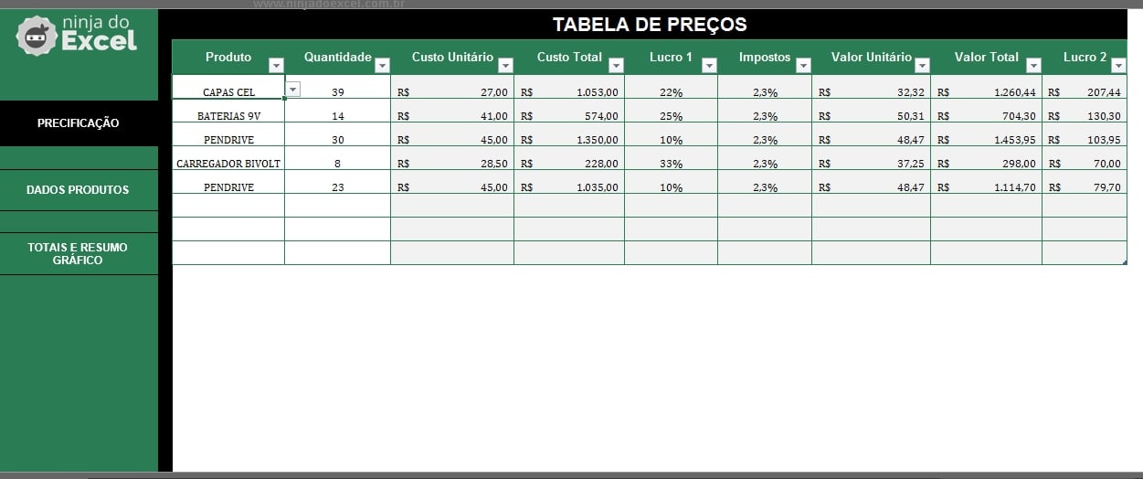 Tabela de Preços no Excel
