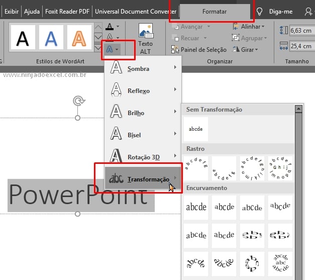 Curvar o Texto no PowerPoint, guia formatar powerpoint