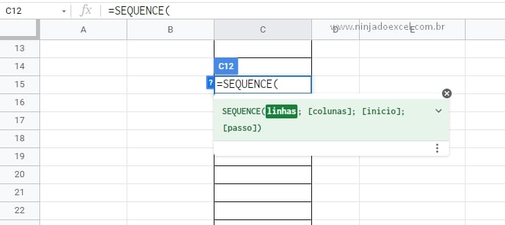 Função SEQUENCE Planilhas Google, sintaxe linha da função sequence