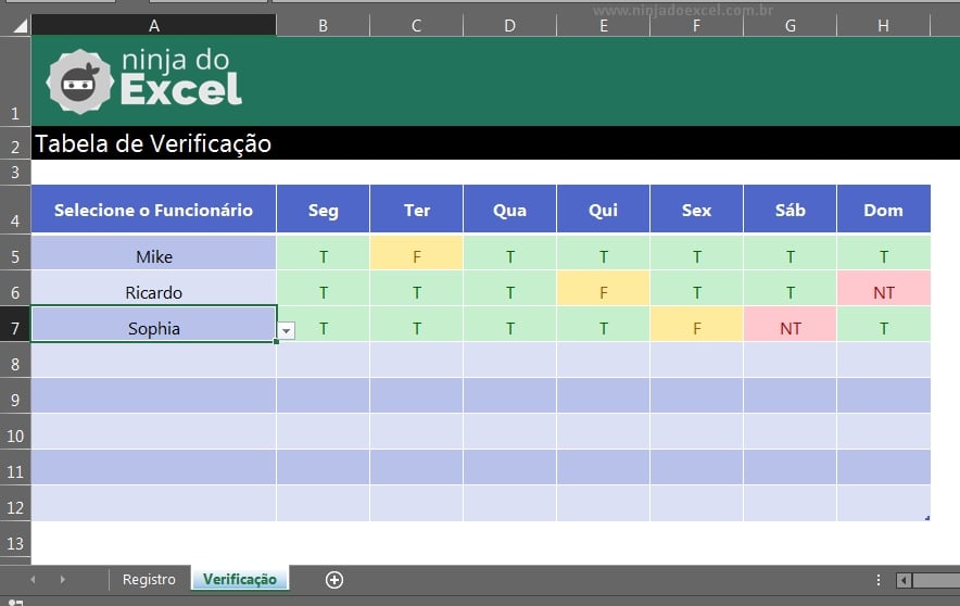 Planilha de Escala de Trabalho Excel, tabela de verificação