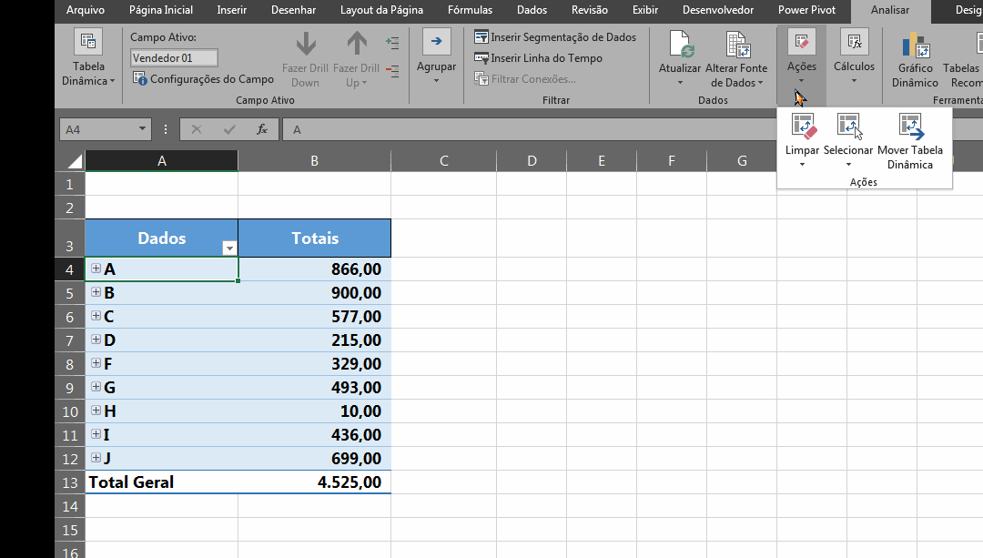 Tabela Dinâmica Para Outra Aba no Excel, movendo tabela para planilha existente
