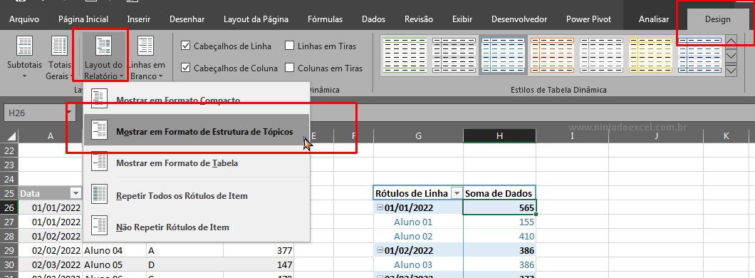Tabela Dinâmica Por Títulos no Excel, estrutura de tópicos
