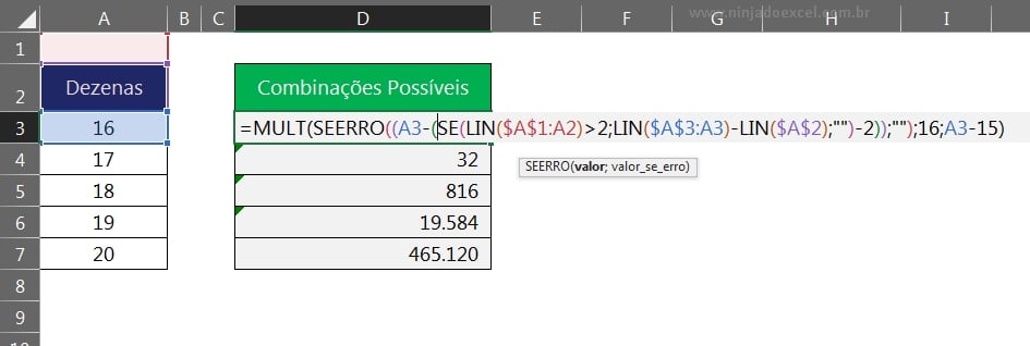 desdobrar numeros no excel, fórmula das combinações