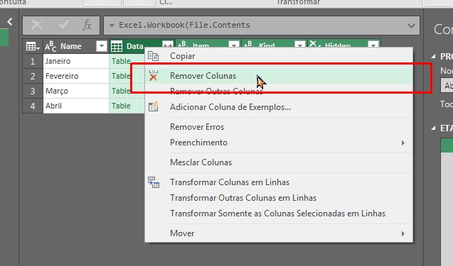 Abas do Excel Com Power Query, remover colunas