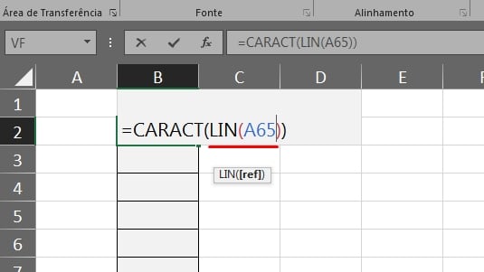 Alfabeto Com Fórmulas no Excel, função lin
