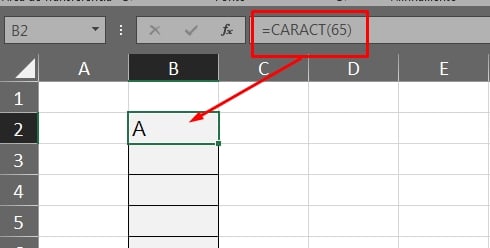 Alfabeto Com Fórmulas no Excel, resultado da função caract