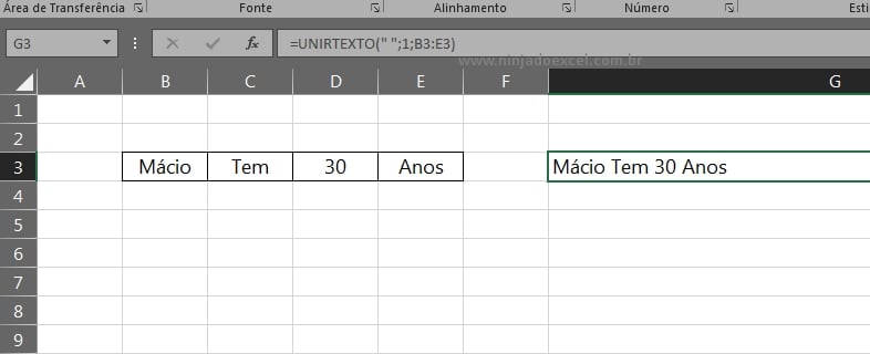 Concat e Unirtexto no Excel, resultado da função unirtexto
