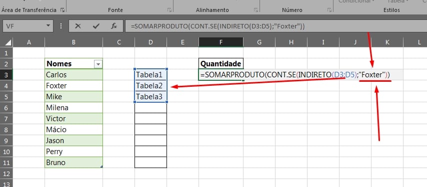 Contar Nomes em Tabelas Separadas no Excel, fórmula