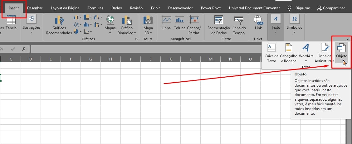Documento do Word no Excel, objeto do Excel