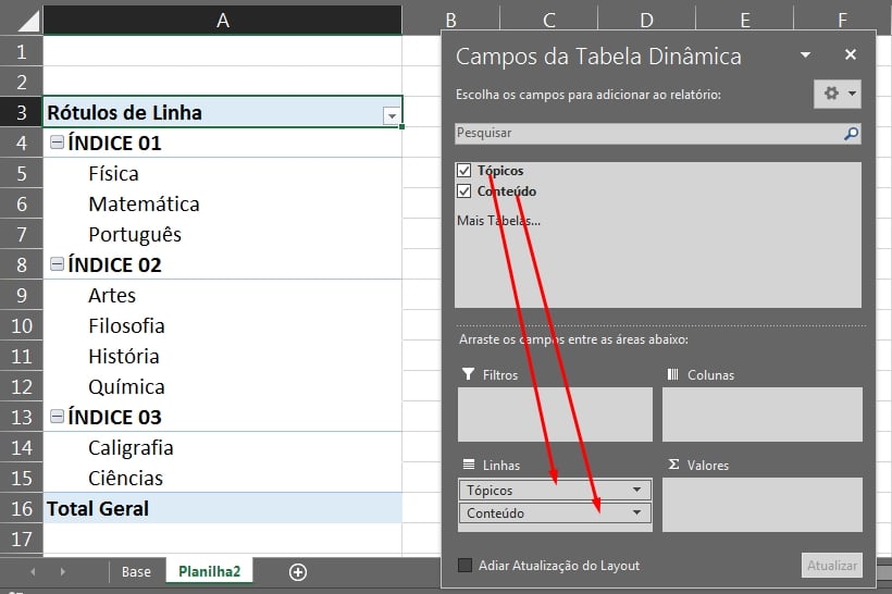 Fazer Índices no Excel, campos da tabela dinâmica