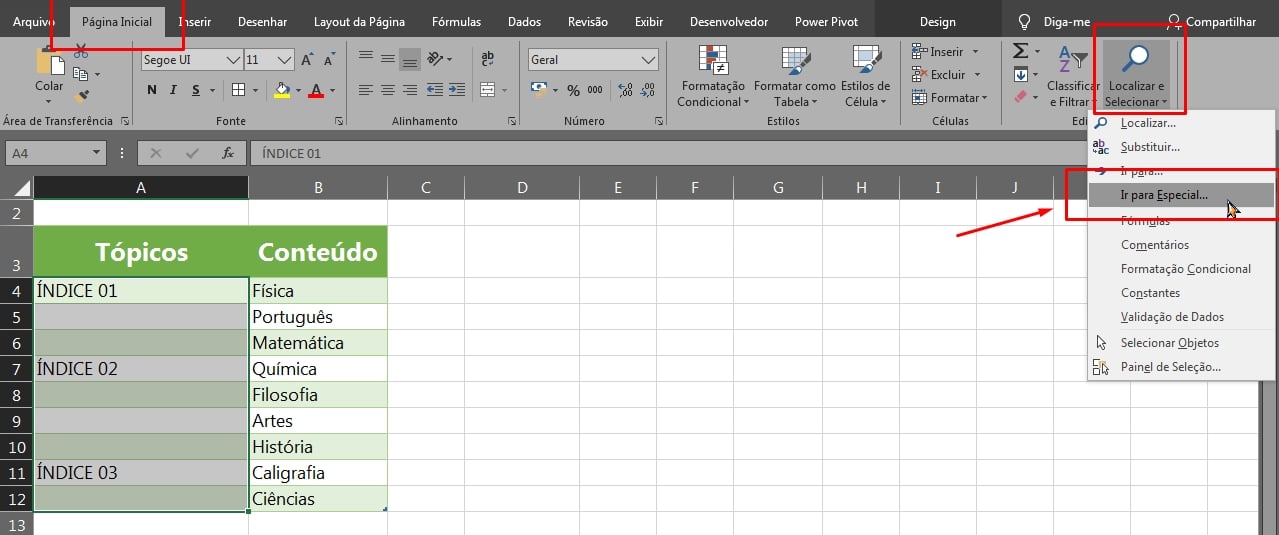 Fazer Índices no Excel, preenchendo linhas vazias