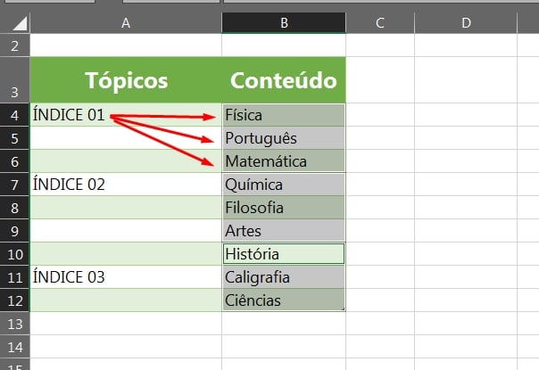 Fazer Índices no Excel, relacionando conteúdos