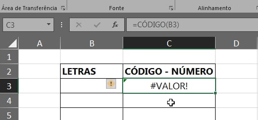 Função CÓDIGO no Excel, erro na função