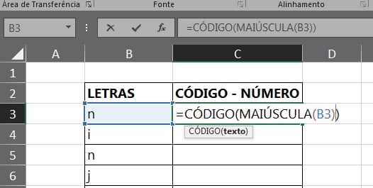 Função CÓDIGO no Excel, função maiúscula