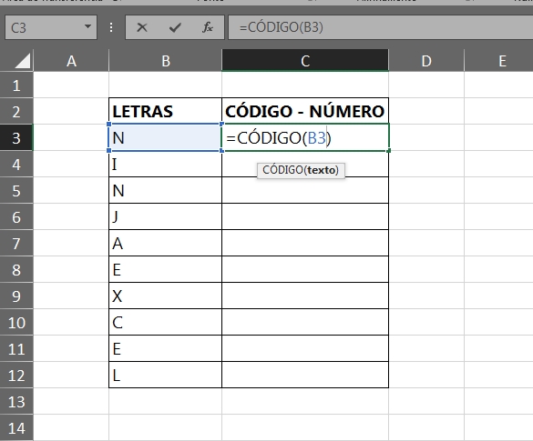 Função CÓDIGO no Excel, informando a letra
