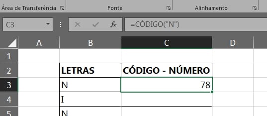 Função CÓDIGO no Excel, resultado com o texto